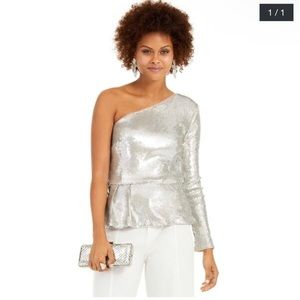 INC Women's One-Shoulder Sequined Peplum Top Silver Size Medium